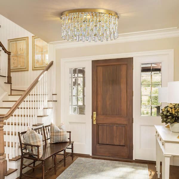 SILJOY 7-Light Gold Crystal Round Flush Mount Chandelier with