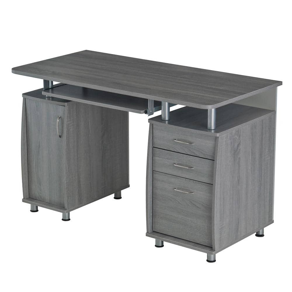 Gray Rectangular Workstation Desk with Storage and Keyboard Tray