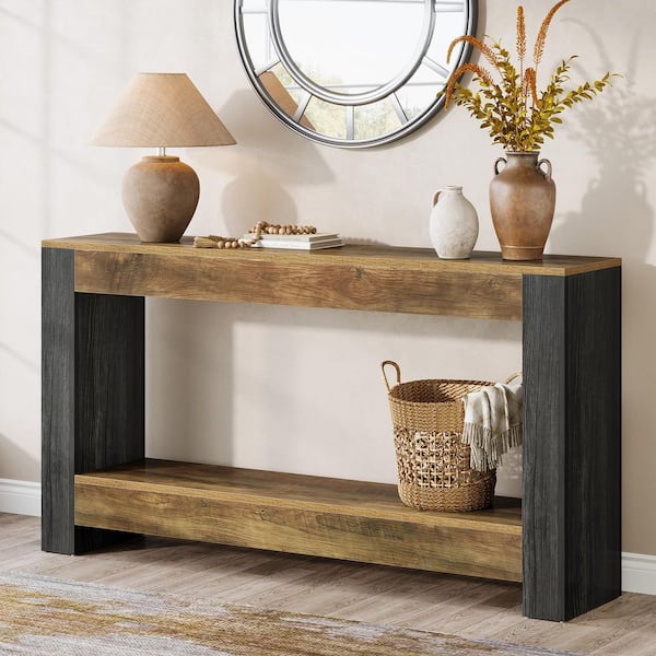 TRIBESIGNS WAY TO ORIGIN Benjamin 63 in. Brown and Black Rectangle Wood Console Table with Storage, Long Entryway Table Behind Couch Sofa Table