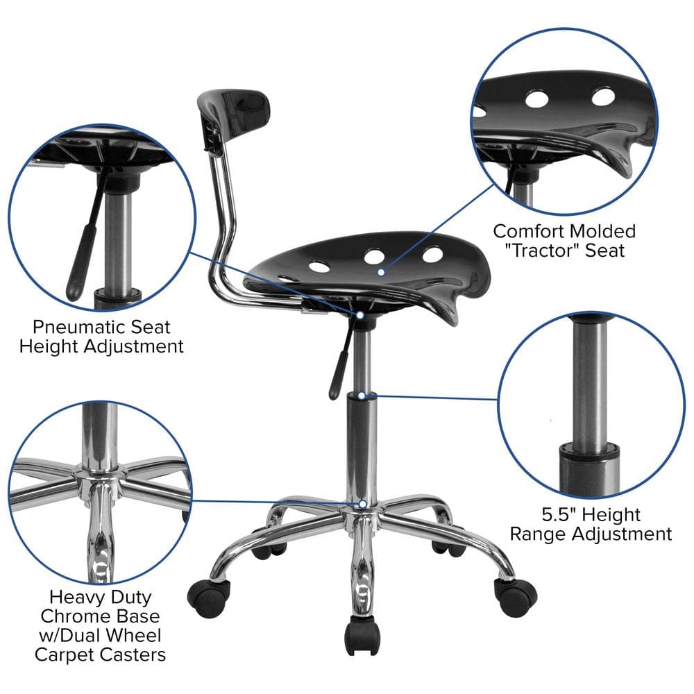 Ergonomic Swivel Black Metal Armless Task Chair with Tractor Seat