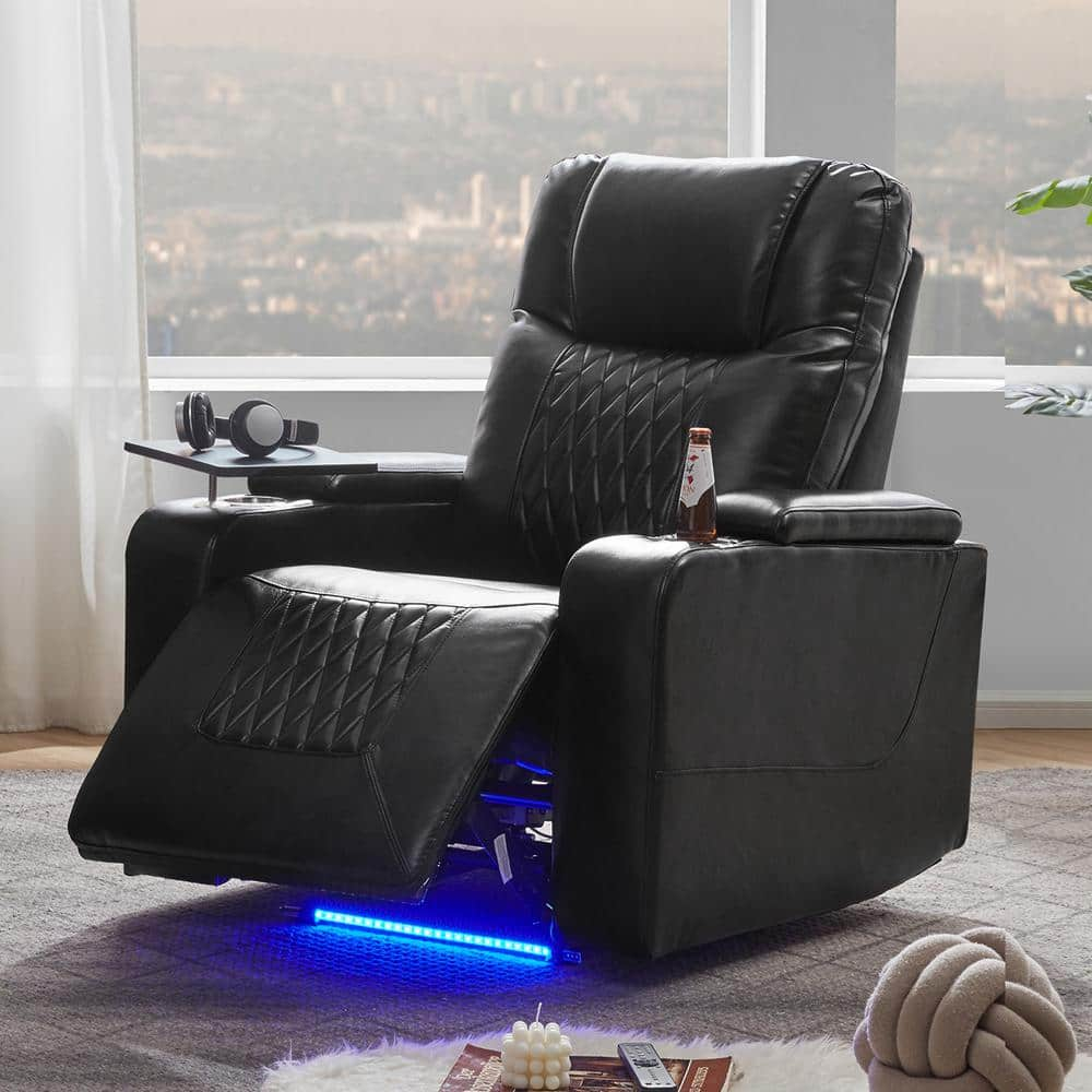 Black PU Power Motion Home Theater Recliner with USB Charging Port and 360° Swivel Tray Table -  Merax, PP198292