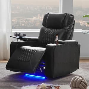 Black PU Power Motion Home Theater Recliner with USB Charging Port and 360° Swivel Tray Table
