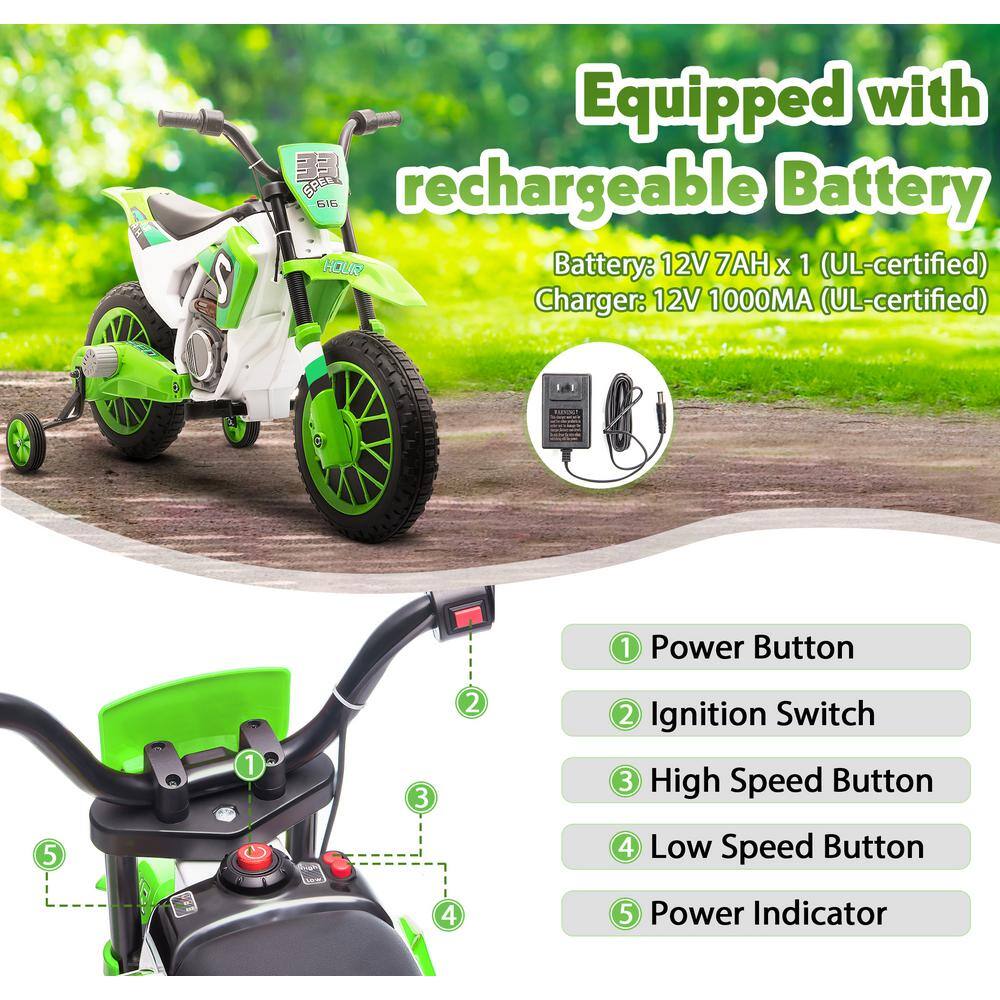 Green 12V Battery-Powered Kids Motorcycle with Training Wheels