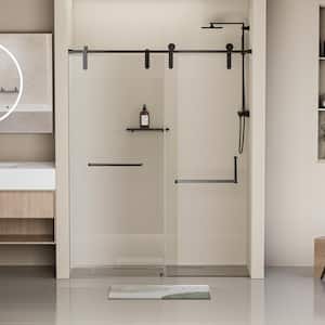 60 in.W x 76 in.H Frameless Stainless Steel Single Sliding Shower Door in Matte Black with 5/16 in. Tempered Clear Glass