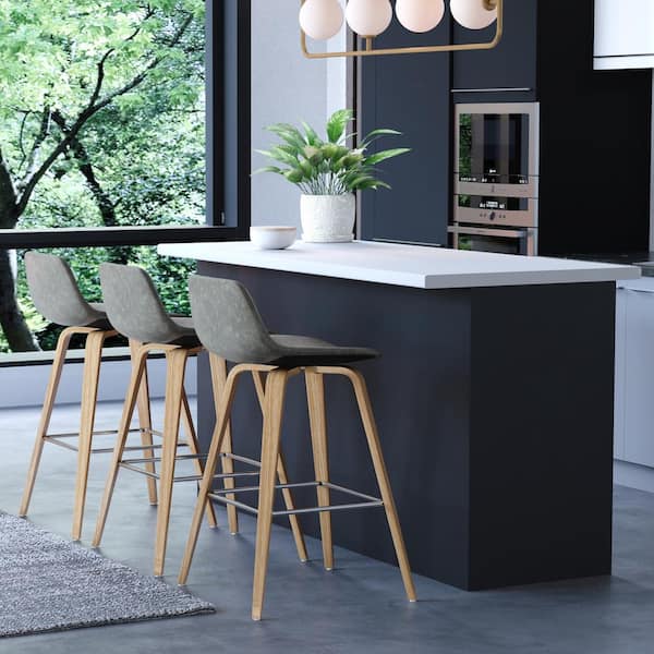 Randolph Mid Century Modern 26 in. Bentwood Counter Height Stool (Set of 2) in Stone Grey PU faux leather