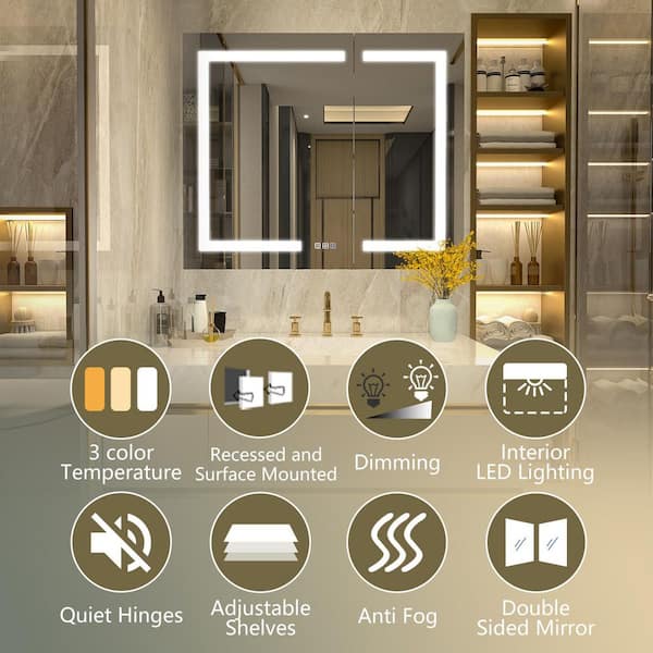 36 in. W x 30 in. H Rectangular Silver Aluminum Recessed/Surface Mount Medicine Cabinet with Mirror and LED