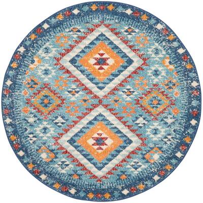 Passion Blue/Multicolor 4 ft. x 4 ft. Geometric Transitional Round Area Rug