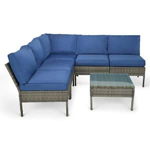 6-Piece Wicker Patio Sectional Seating Set with Blue Cushions