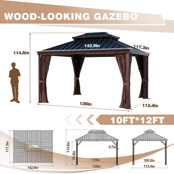 10 ft. x 12 ft. Wood Grain Aluminum Gazebo Galvanized Steel Double Top Roof with Curtains and Textilene Netting