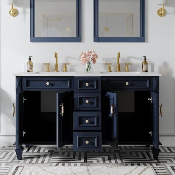 60 in. Solid Wood Bathroom Vanity With Double Sinks and 4 Drawers, Soft-Close Doors, Carrara White Quartz Top, Navy Blue