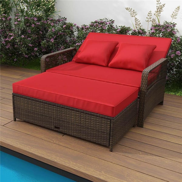2-Piece Wicker Outdoor Day Bed Set with Cushioned Loveseat and Storage Ottoman for Porch with Red Cushions