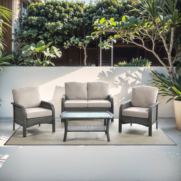 Unbranded New Hyacinth Gray 4-Piece Wicker Patio Outdoor Conversation Seating Set with a Coffee Table and Beige Cushions