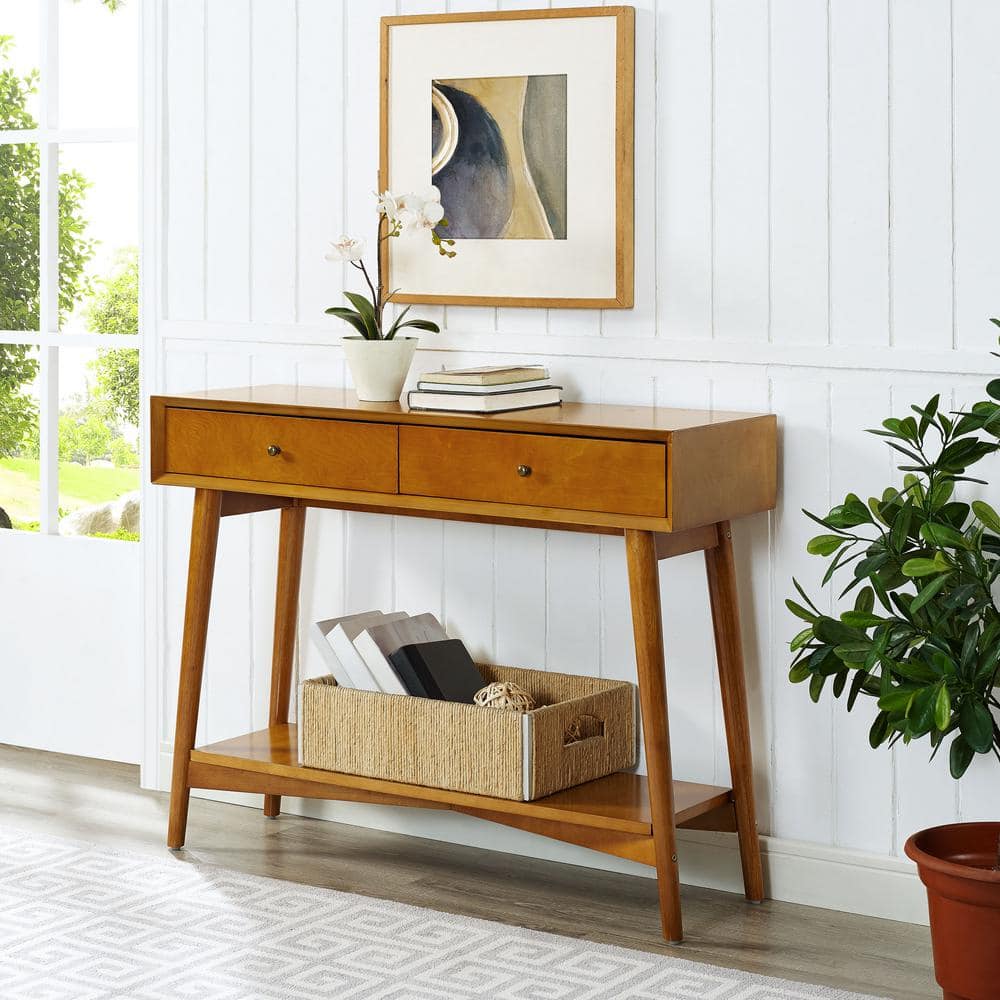 Mid-Century Acorn Brown Wood Console Table with Storage
