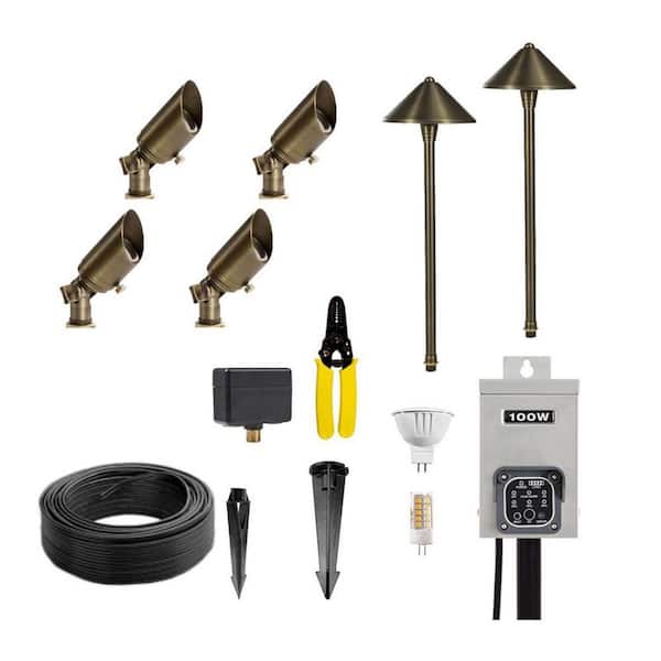 Hardwired Brass Bronze LED Landscape Lighting Kit with 100W Transformer, 4 Spotlights & 2 Path Lights