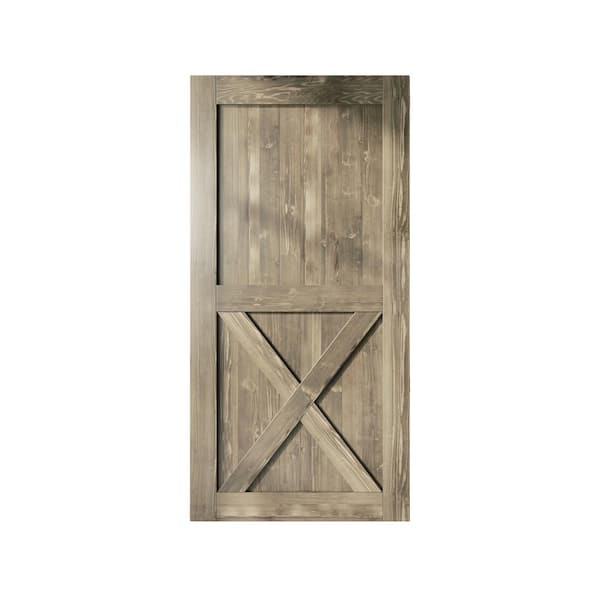 HOMACER 44 in. x 84 in. X-Frame Classic Gray Solid Natural Pine Wood Panel Interior Sliding Barn Door Slab with Frame