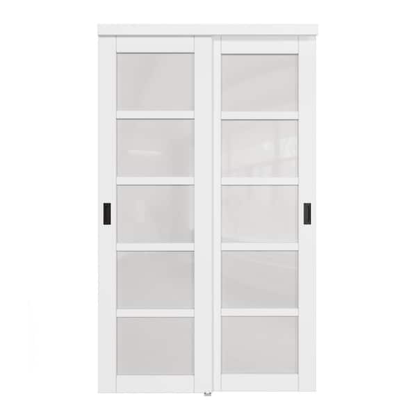 48 in. x 80 in. 5-Lite Frosted Glass Primed White MDF Interior Closet Sliding Door Black Handles and Hardware