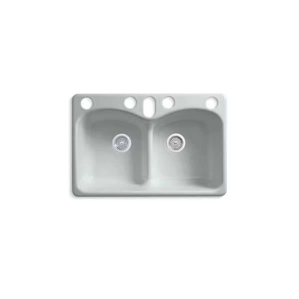 KOHLER Langlade Smart Divide Undermount Cast-Iron 33 in. 6-Hole Double Bowl Kitchen Sink in Ice Grey