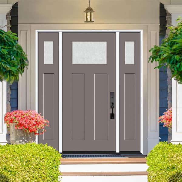Legacy 64 in. x 80 in. 1/4 Toplite Rain Glass LHIS Primed Kindling Finish Fiberglass Prehung Front Door w/Dbl 12 in. SL