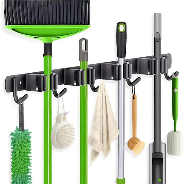 1 Pack Black 304 Stainless Steel Wall Mount Broom Mop Holder, 4 Gripping Slots & 5 Utility Hooks Heavy Duty Tool Org.