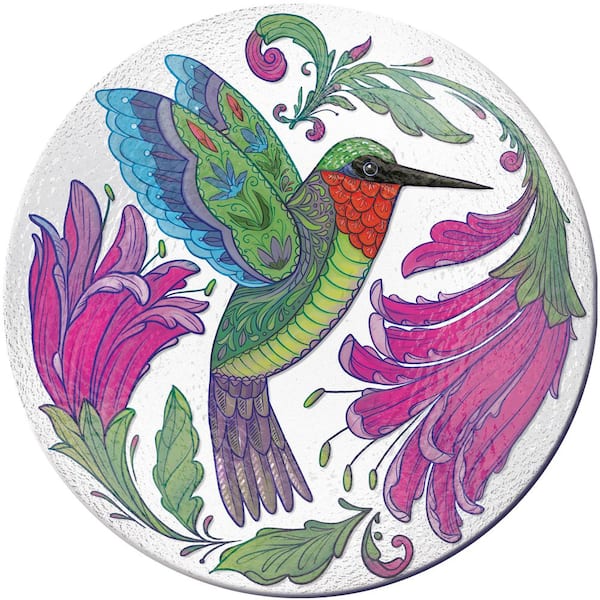 18 in. Dia Multi-Color Glass Birdbath Bowl with Folk-art Hummingbird Design