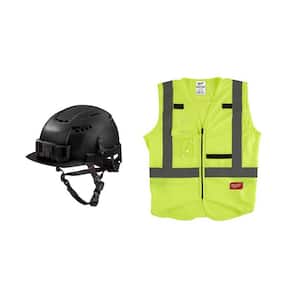 BOLT Black Type 2 Class C Front Brim Vented Safety Helmet w/2XL/3XL Yellow Class 2-High Vis. Safety Vest w/10-Pockets