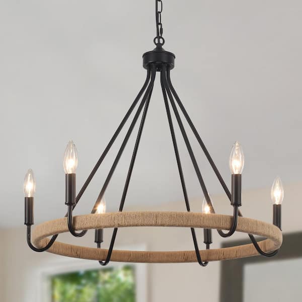 6-Light Black and Brown Farmhouse Hemp Rope Wagon Wheel Chandelier for Living Room