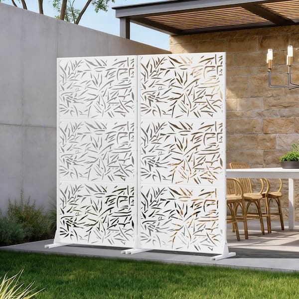 70 in. W x 72 in. H White Galvanized Steel Freestanding Bamboo Leaf Cut Garden Privacy Screen (2-Pack)