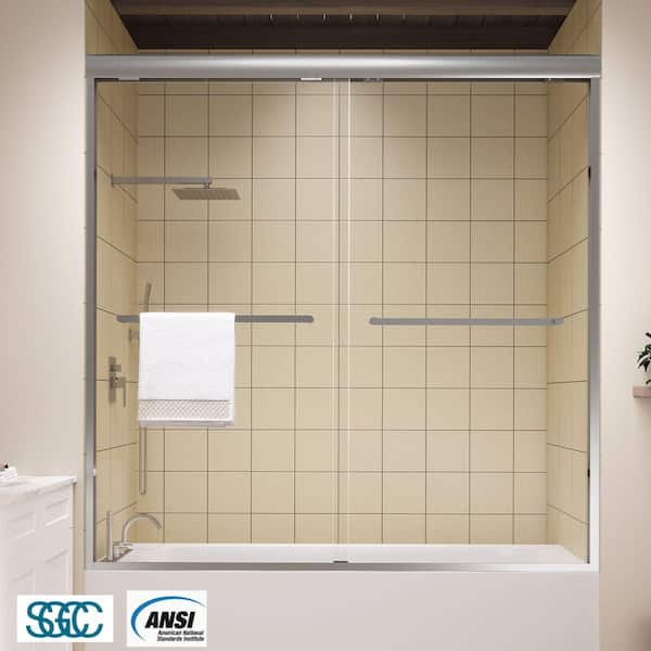 56 to 60 in. W x 58 in. H Sliding Framed Tub Door in Brushed Nickel with Clear Glass