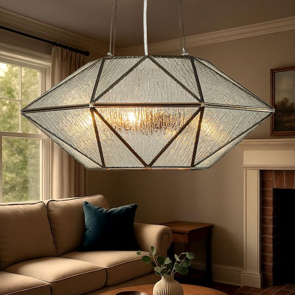 6-Light W 20 in. Brass Modern Geometric Chandelier With Textured Glass Accents Unique Statement Pendant for Dining Room