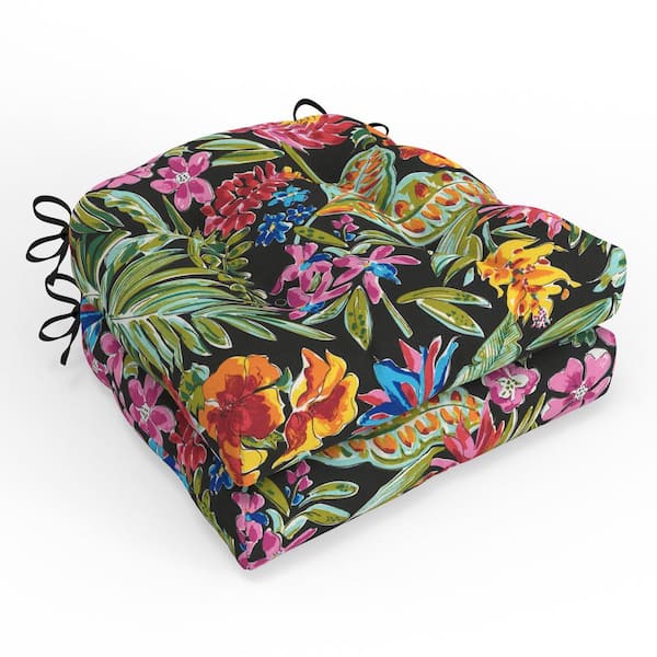 Tropic Floral 19 in. W x 4 in.D Outdoor Square Tufted Wicker Seat Cushion with Tie, 2-Count, 19x19 Paradise Island Black