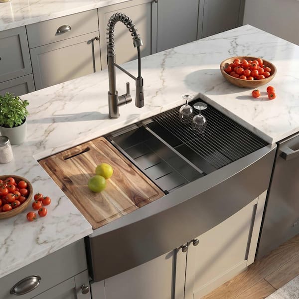 36 in. Farmhouse/Apron-Front Single Bowl 18 Gauge Gunmetal Black Stainless Steel Workstation Kitchen Sink with Faucet
