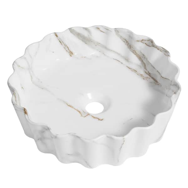 Atelier 15 in. Round Art Deco Contemporary Scalloped Ceramic Bathroom Vessel Sink, White Marble Finish