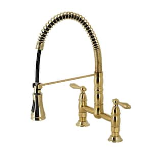 Heritage 2-Handle Deck Mount Pull Down Sprayer Kitchen Faucet in Brushed Brass