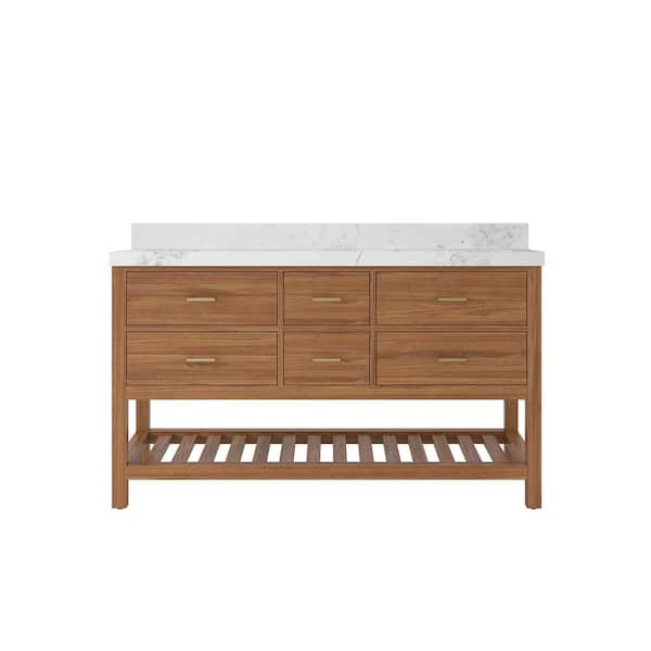 Willow Collections Parker Teak 60 in. W x 22 in. D x 36 in. H Double Sink Bath Vanity in Golden Teak with 2 in. Calacatta Nuvo Qt. Top