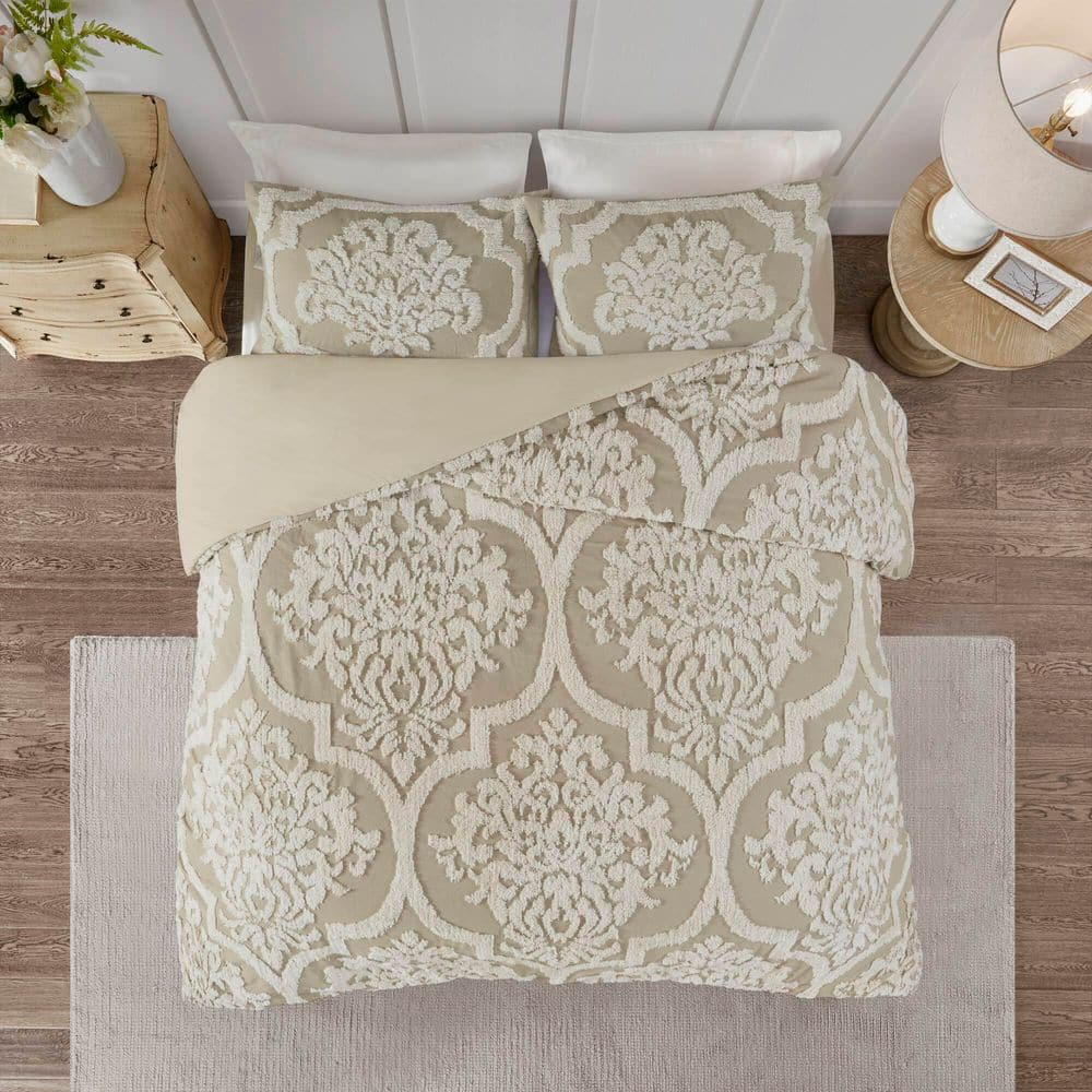 Viola Taupe Full/Queen Cotton Chenille Damask Duvet Set