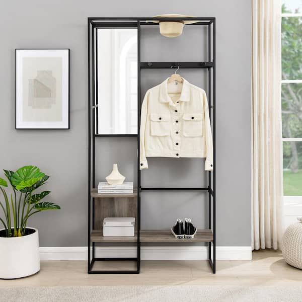 Walker Edison Furniture Company Grey Wash Wood and Metal Industrial Storage Hall Tree with Mirror