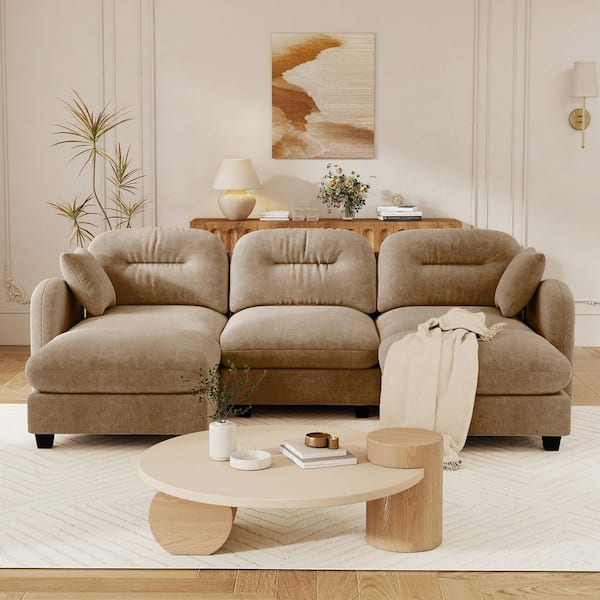 Regal 107 in. Chenille Upholstered Cloud U Shaped Sectional Sofa in Brown with 2 Ottomans, 2-Pillows, Camel