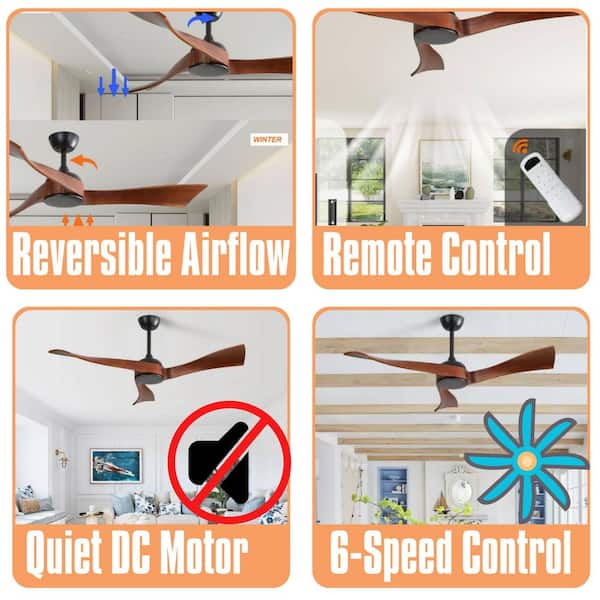 52 Inch Solid Brown Wood Ceiling Fan No Light, Quiet Reversible DC Motor, 6-Speed Remote, Timer, Standard Downrod Mount