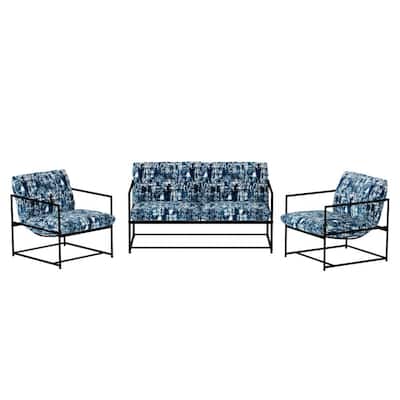 Lynnette 3-Piece Navy Brush-stroke Patterned Fabric Metal Frame Loveseat and ArmChair Set with Cushions