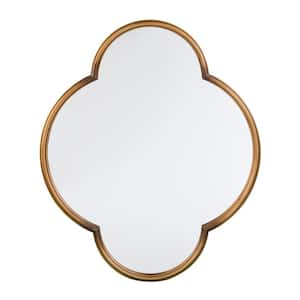 30 in. W x 36 in. H Gold Metal Framed Wall Mirror for Mantel or Pedestal Sink, Chic Geometric Decorative Design