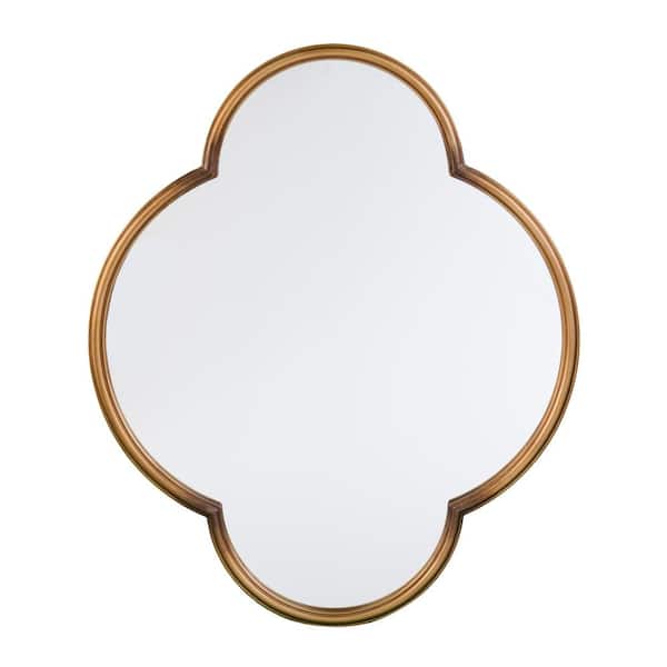 ilemong 30 in. W x 36 in. H Gold Metal Framed Wall Mirror for Mantel or Pedestal Sink, Chic Geometric Decorative Design