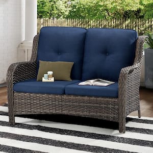 Brown Wicker Outdoor Couch Patio Loveseat Deep Seating with Blue Cushions