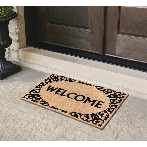 A1HC Welcome Floral Border Black 24 in. x 36 in. Natural Coir Heavy Duty Non Slip PVC Backing Outdoor Welcome Mat