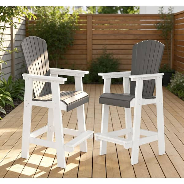 White and Gray HDPE Plastic Outdoor Bar Stool (2-Pack)
