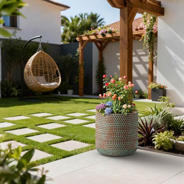 15.8 in. Cylindrical Concrete Large Planter Teal Tall Round Plant Pot with Drainage Holes for Indoor Outdoor