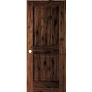 32 in. x 80 in. Knotty Alder 2 Panel Right-Hand Sq. Top V-Groove Red Mahogany Stain Wood Single Prehung Interior Door