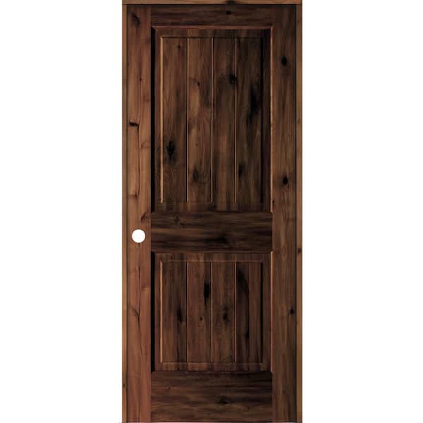 Krosswood Doors 32 in. x 80 in. Knotty Alder 2 Panel Right-Hand Sq. Top V-Groove Red Mahogany Stain Wood Single Prehung Interior Door