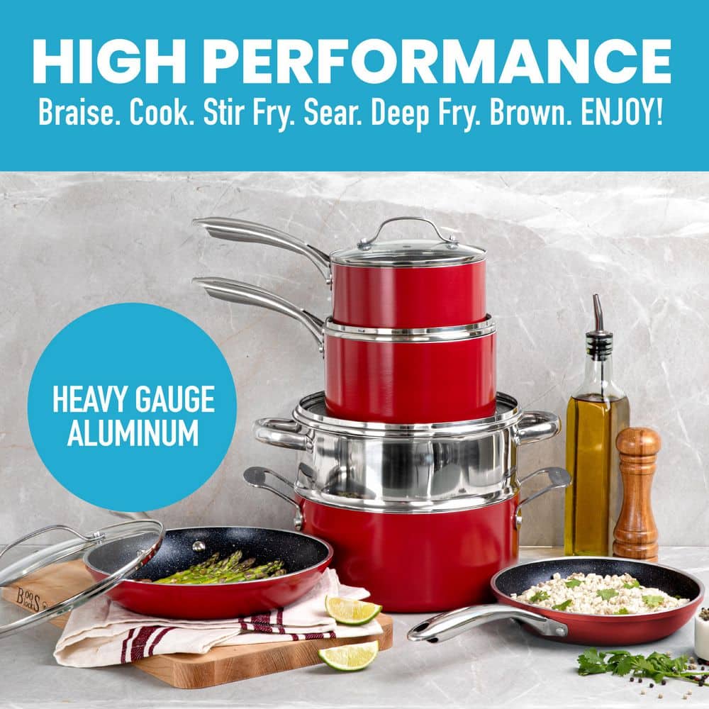 10-Piece Red Nonstick Aluminum Cookware Set with Glass Lids