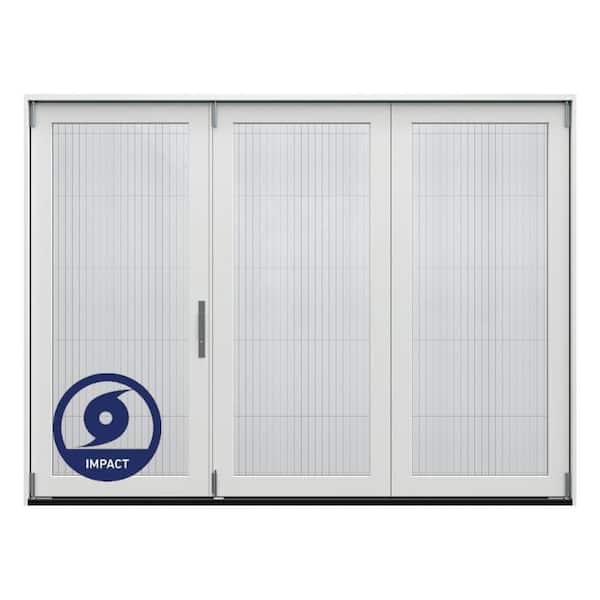107.5 in. x 80 in. Left-Hand Primed Fiberglass 3-Panel Folding Patio Door w/ Low-E Impact Glass and  Retract Screen