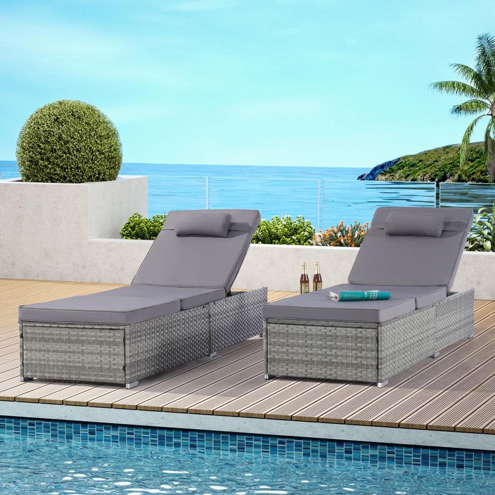 2-Piece Wicker Outdoor Chaise Lounge with Cushions, Sofa PE Rattan Furnitur